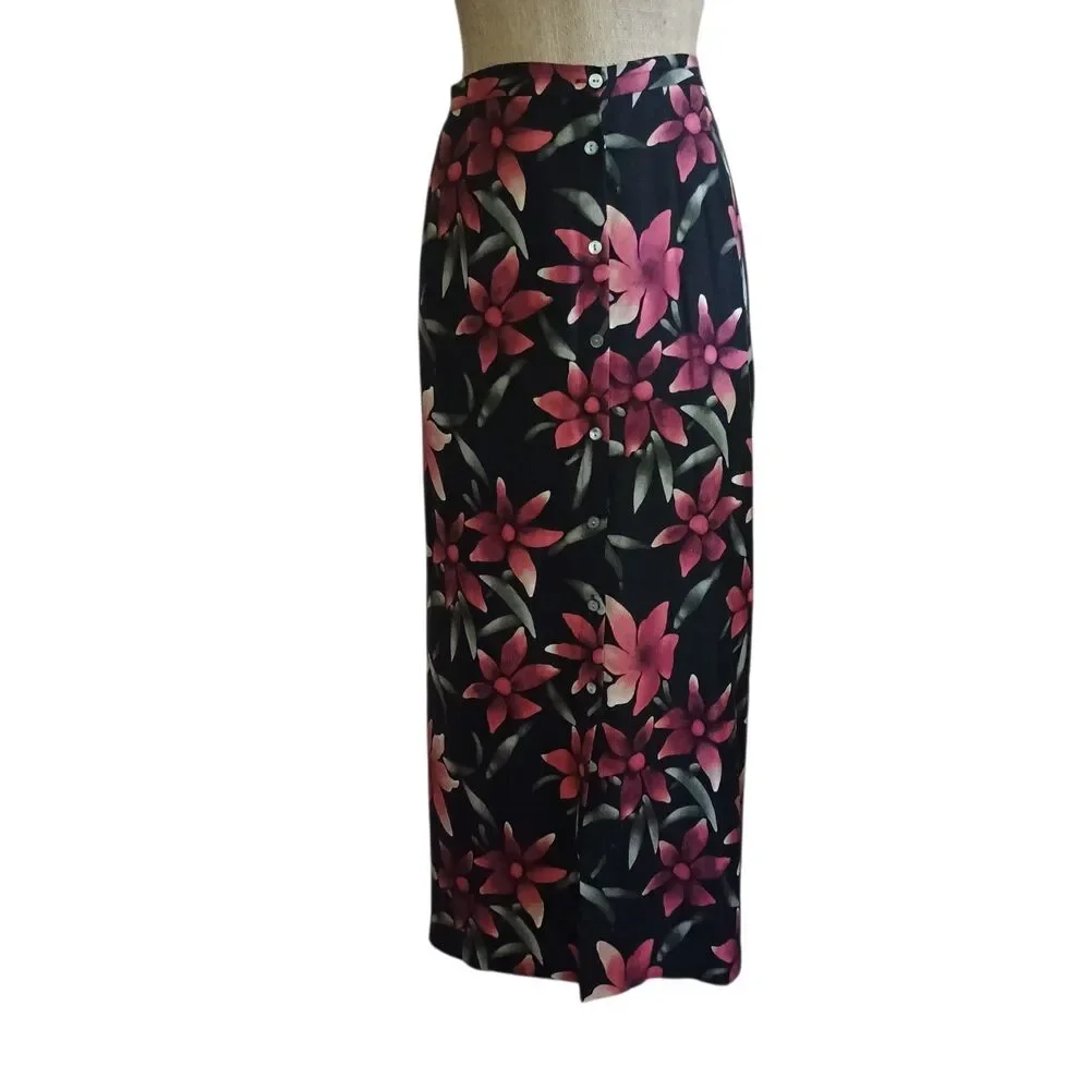 Valerie Stevens Plus Size 22W 100% Silk Black Floral Tropical Midi Button Front